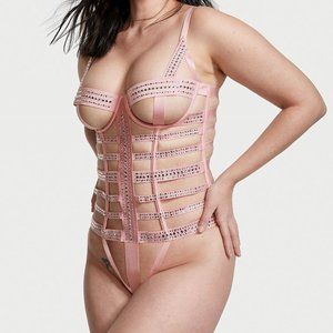 Victoria's Secret Bondage Teddy Dusk Pink with Rhinestones NWT